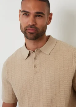 Threadbare Beige Cotton Mix Short Sleeve Textured Knitted Polo Shirt