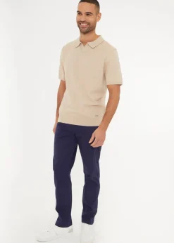 Threadbare Beige Textured Front Short Sleeve Trophy Neck Knitted Polo