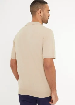 Threadbare Beige Textured Front Short Sleeve Trophy Neck Knitted Polo