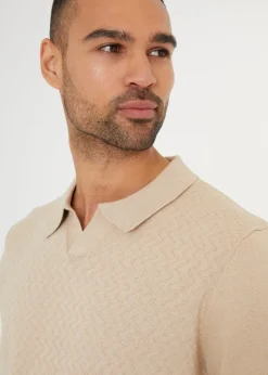 Threadbare Beige Textured Front Short Sleeve Trophy Neck Knitted Polo