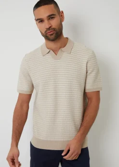 Threadbare Beige Textured Stripe Trophy Neck Knitted Polo Shirt