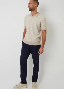 Threadbare Beige Textured Stripe Trophy Neck Knitted Polo Shirt