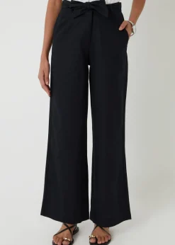 Threadbare Black Belted Linen Blend Wide Leg Trousers