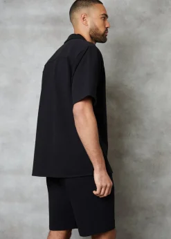 Threadbare Black Embley Textured Revere Collar Short Sleeve Shirt