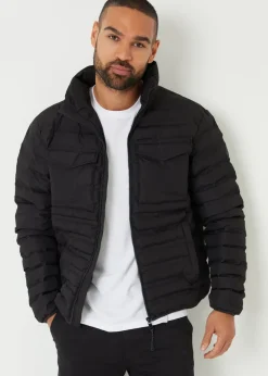 Threadbare Black Funnel Neck Lightweight Puffer Jacket