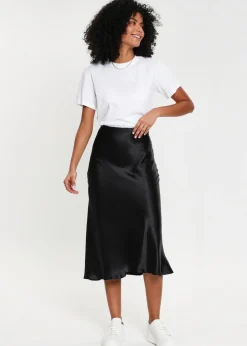 Threadbare Black Marie Satin Midi Skirt