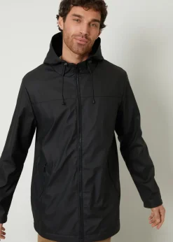 Threadbare Black Microfleece Lined Hooded Rubberised Raincoat
