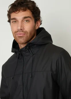 Threadbare Black Microfleece Lined Hooded Rubberised Raincoat