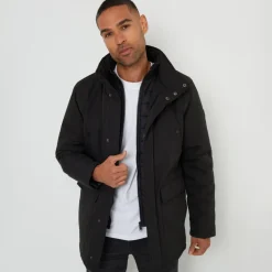 Threadbare Black Showerproof Funnel Neck Mock Layer Coat