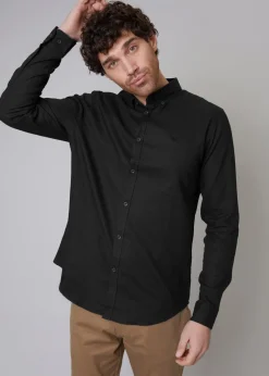 Threadbare Black Slim Fit Linen Blend Long Sleeve Shirt