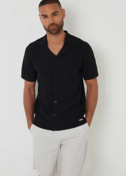 Threadbare Black Textured Panel Revere Collar Knitted Shirt