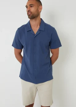 Threadbare Blue Cotton Pique Revere Collar Short Sleeve Shirt