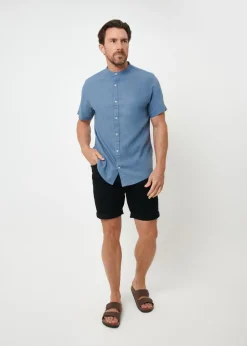 Threadbare Blue Grandad Collar Linen Blend Short Sleeve Shirt
