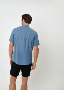 Threadbare Blue Grandad Collar Linen Blend Short Sleeve Shirt