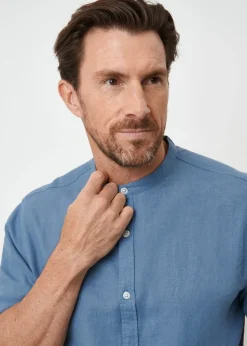 Threadbare Blue Grandad Collar Linen Blend Short Sleeve Shirt