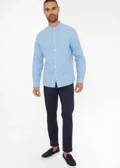 Threadbare Blue Linen Blend Long Sleeve Grandad Collar Shirt