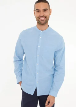 Threadbare Blue Linen Blend Long Sleeve Grandad Collar Shirt