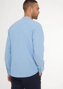 Threadbare Blue Linen Blend Long Sleeve Grandad Collar Shirt