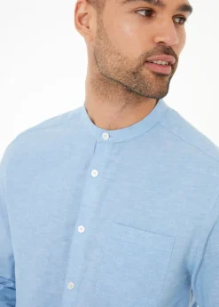 Threadbare Blue Linen Blend Long Sleeve Grandad Collar Shirt