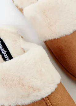 Threadbare Brown Denver Faux Suede Faux Fur Lined Mule Slippers