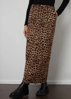 Threadbare Brown Midori Leopard Print Cotton Jersey Midi Skirt with Pockets
