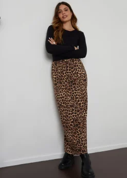 Threadbare Brown Midori Leopard Print Cotton Jersey Midi Skirt with Pockets