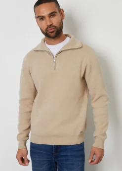 Threadbare Brown Rib Panel Quarter Zip Jumper