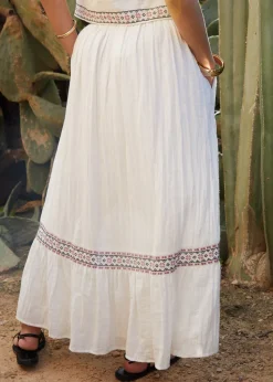 Threadbare Cream Embroidered Pull On Midi Skirt