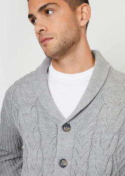 Threadbare Grey Cable Knit Shawl Collar Cardigan With Wool