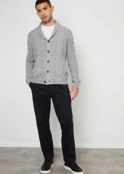 Threadbare Grey Cable Knit Shawl Collar Cardigan With Wool