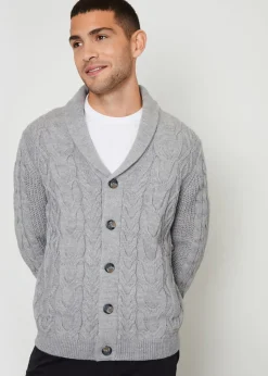 Threadbare Grey Cable Knit Shawl Collar Cardigan With Wool