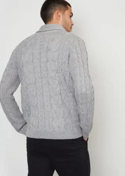 Threadbare Grey Cable Knit Shawl Collar Cardigan With Wool