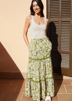 Threadbare Khaki Tiered Jersey Maxi Skirt