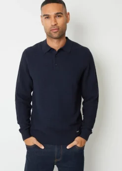 Threadbare Navy Long Sleeve Textured Knit Polo Collar Jumper