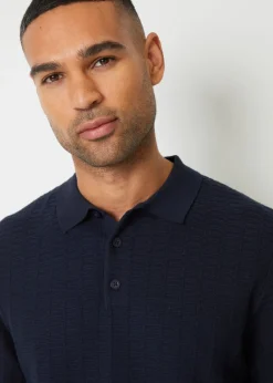 Threadbare Navy Long Sleeve Textured Knit Polo Collar Jumper