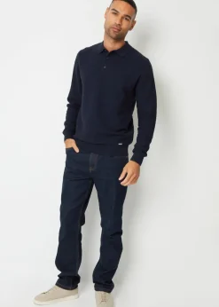 Threadbare Navy Long Sleeve Textured Knit Polo Collar Jumper