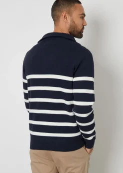 Threadbare Navy Striped Quarter Zip Knitted Jumper