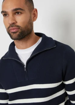 Threadbare Navy Striped Quarter Zip Knitted Jumper