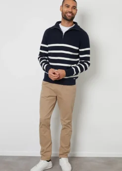 Threadbare Navy Striped Quarter Zip Knitted Jumper