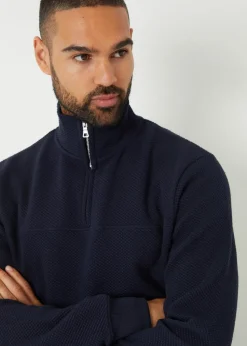 Threadbare Navy Textured Quarter Zip Sweatshirt