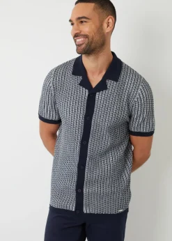 Threadbare Navy Textured Stripe Revere Collar Knitted Shirt