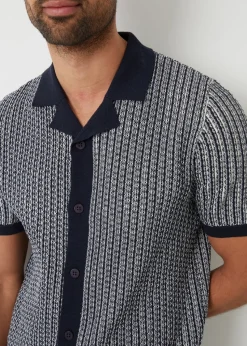 Threadbare Navy Textured Stripe Revere Collar Knitted Shirt