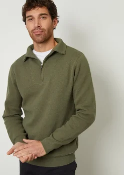 Threadbare Olive Rib Panel Quarter Zip Jumper