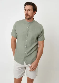 Threadbare Soft Green Grandad Collar Linen Blend Short Sleeve Shirt