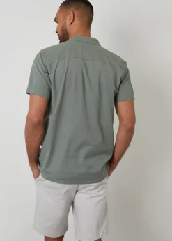 Threadbare Soft Green Linen Blend Palm Embroidered Short Sleeve Shirt