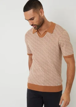 Threadbare Stone Jacquard Geo Trophy Neck Knitted Polo