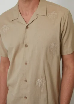 Threadbare Stone Linen Blend Palm Embroidered Short Sleeve Shirt