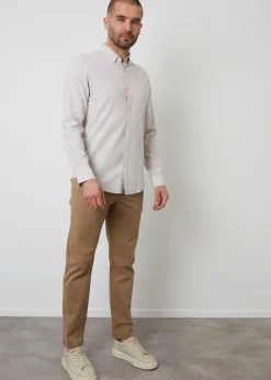 Threadbare Stone Oxford Cotton Slim Fit Long Sleeve Shirt