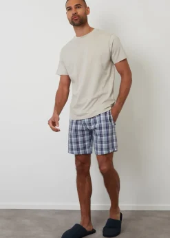 Threadbare Stone Short Sleeve Check Pyjama Set