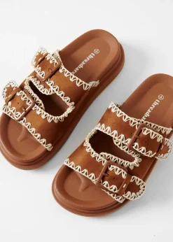 Threadbare Tan Contrast Stitch Chunky Sliders